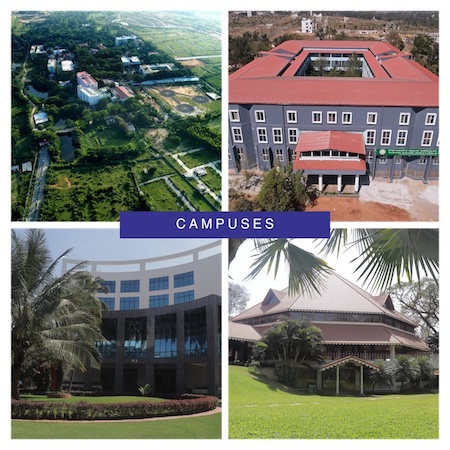 Collage showcasing the two campuses of S-VYASA: Prashanthi Kutiram in Jigani, surrounded by serene greenery and wellness-focused facilities, and the School of Advanced Studies in Sattva Global City IT Park, Bengaluru, offering modern infrastructure and cutting-edge resources.